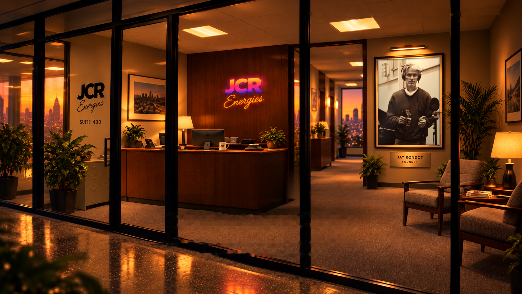 JCR Energies cinematic office reception with the colorful sign and an authentic framed photograph of founder Jay Rondot.