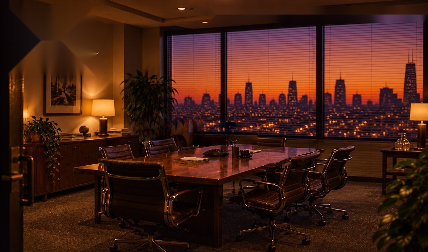 Warmly lit JCR Energies conference room overlooking the city at sunset